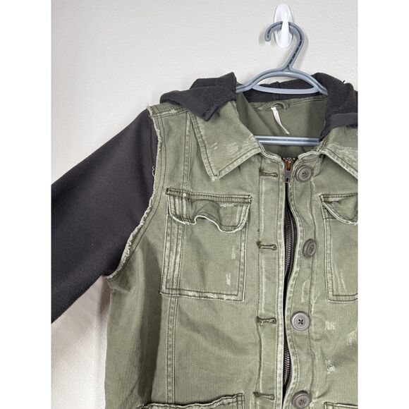 Free People Distressed Hooded Twill Utility Jacket Sz M Army Green Cargo Skater - Picture 3 of 12